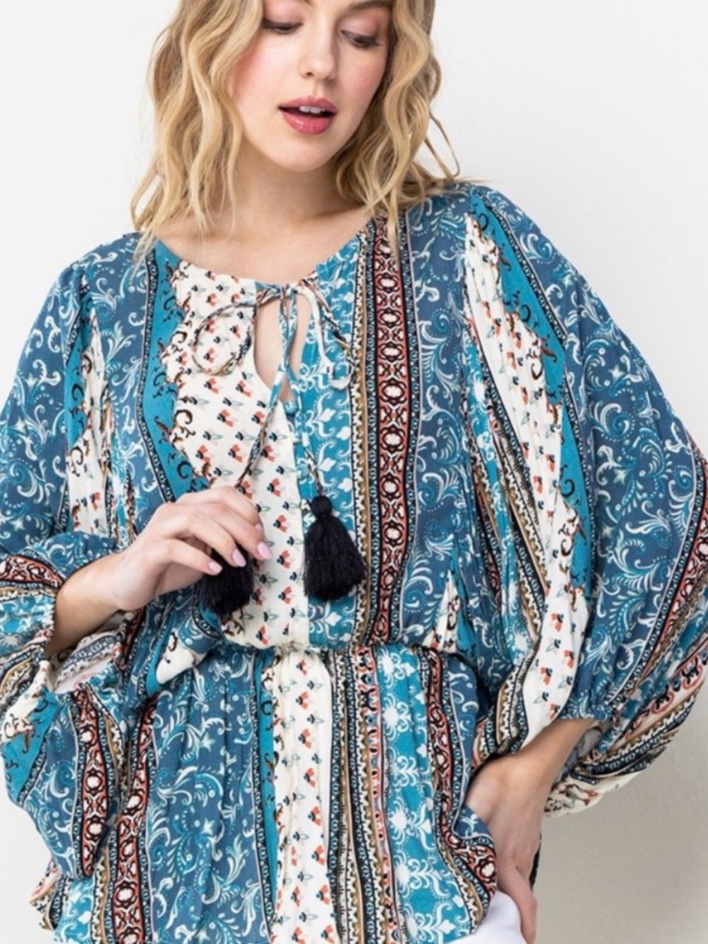 Ces Femme Boho Teal Patterned Peasant Top with Tassel Tie size M.boho,hippie